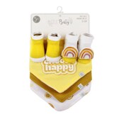 Wholesale - 5 Piece Bib & Sock Set: Yellow "Choose Happy" with Rainbow Print C/P 60, UPC: 195010109857